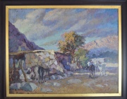 Frank Tenney Johnson. Esc. Norteamericana 1874-1939. Paisaje con cabras, óleo, restauro. Mide: 70 x 90 cm.