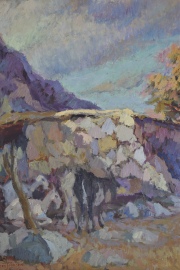 Frank Tenney Johnson. Esc. Norteamericana 1874-1939. Paisaje con cabras, óleo, restauro. Mide: 70 x 90 cm.