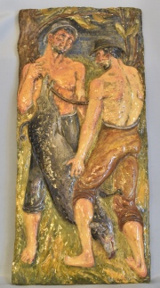 Panel de cerámica, Caceria del Jabali. Enore Pezzetta. Mide: 64 x 28 cm