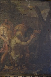 Martirio de San Andrés, óleo antiguo con roturas. Mide: 51,5 x 37,5 cm.