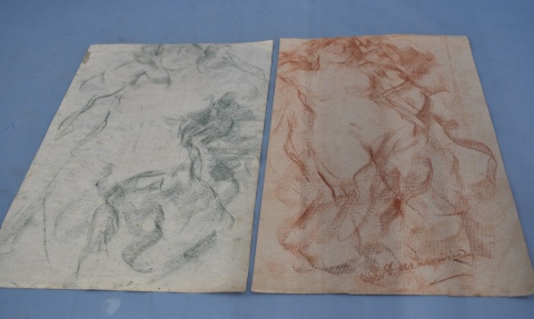 Dos dibujos, Desnudos, uno firmado A. Mancini. Sin enmarcar. Miden: 38 x 24 cm.