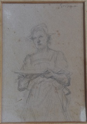 Adolphe Grison, Dibujo al lápiz. Dama llevando una bandeja.Manchas. Mide: 14 x 9 cm.