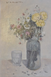 Vallini, V. Vaso con flores, óleo. Rayón. Mide: 60 x 45 cm.