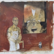 José Benito, El Abuelo, papá y yo . Oleo, grafito y collage de 31 x 33.5 cm.