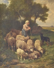 F.de Beul, Pastora y sus ovejas, óleo. Restauro. Mide: 70 x 55,5 cm.