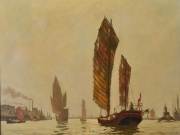 Maurice Menardeau, Barcos junto al Puerto, óleo de 65 x 81 cm..