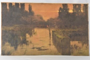 Serra, Enrique. Atardecer en las Lagunas Pontinas, óleo, restauros. Mide: 60 x 100 cm.