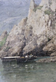 CORTESE, F. Paisaje costero con barcas, óleo firmado. Restauro. Mide: 29 x 48 cm.