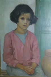 Ana Weiss de Rossi, Niña con blusa rosa, óleo. Desperfectos. Mide: 73,5 x 57 cm.