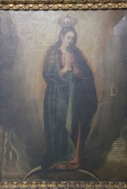 Inmaculada Concepción, óleo sobre tela. Desperfectos.  Firmada abajo Dnus Petrus Athan. Bocanegra. Mide: 87,5 x 70 cm.