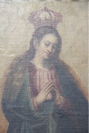 Inmaculada Concepción, óleo sobre tela. Desperfectos.  Firmada abajo Dnus Petrus Athan. Bocanegra. Mide: 87,5 x 70 cm.