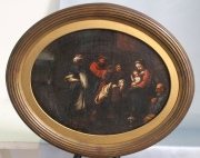 Anónimo Italiano, Adoración de los Reyes, óleo oval. Mide: 38 x 46 cm.