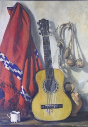 Andrés Gomez Bustillo, Guitarra y Poncho, óleo. Mide: 60,5 x 50,5 cm.