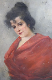 Emilio Mas, Mujer con mantón rojo, óleo. Pequeños deterioros. Mide: 74 x 54,4 cm.