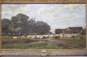 Gerrit Alexander Mollinger, REBAÑO EN LA GRANJA, óleo sobre tela firmado. Desperfectos. Mide: 66 x 125 cm.