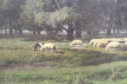 Gerrit Alexander Mollinger, REBAÑO EN LA GRANJA, óleo sobre tela firmado. Desperfectos. Mide: 66 x 125 cm.