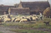 Gerrit Alexander Mollinger, REBAÑO EN LA GRANJA, óleo sobre tela firmado. Desperfectos. Mide: 66 x 125 cm.