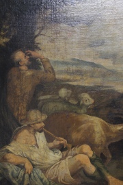 Atribuido a Pedro de Orrente. Escena Pastoril y Aparición del Ángel Bíblico, óleo. Saltaduras. Mide: 109 x 166 cm.