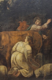 Atribuido a Pedro de Orrente. Escena Pastoril y Aparición del Ángel Bíblico, óleo. Saltaduras. Mide: 109 x 166 cm.