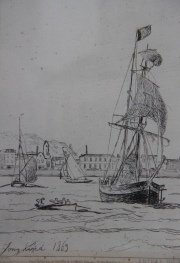 Jongkind 1863. Puerto de Honfleur, grabado. Mide: 23 x 31 cm. Con atril de acrílico regulable.