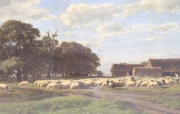 Gerrit Alexander Mollinger, REBAÑO EN LA GRANJA, óleo sobre tela firmado. Desperfectos. Mide: 66 x 125 cm.