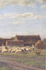 Gerrit Alexander Mollinger, REBAÑO EN LA GRANJA, óleo sobre tela firmado. Desperfectos. Mide: 66 x 125 cm.