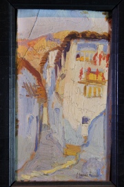 Calle de pueblo, óleo firmado J. Gomez Fraile. Pequeña rajadura. Mide: 15,5 x 8,5 cm.