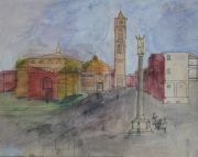 Barragan, Claudio. La plaza, acuarela de 34 x 41 cm. .