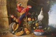 A.S. Spinzio. Loros y canasta con frutas, óleo sobre tela de 80 x 110 cm.