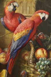 A.S. Spinzio. Loros y canasta con frutas, óleo sobre tela de 80 x 110 cm.