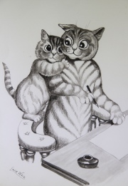 Gatos en el escritorio, dibujo a la tinta, firmado Louis Wain abajo a la izquierda. Mide: 39 x 29 cm