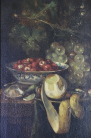 Uvas, cerezas y limón, óleo pequeño. Mide: 30 x 20 cm.