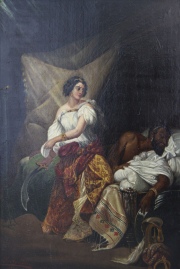 Judith y Holofernes, óleo firmado Elortondo 1882. Mide: 46 x 31,5 cm.