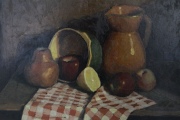 Juanillo Gonzalez, Jarra con frutas y mantel, óleo de 39 x 49 cm.