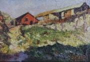 R. Loria, Casas en un Paisaje, óleo. Mide: 22 x 30 cm.