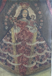 La Virgen y El Niño, óleo, escuela Altoperuana del siglo XIX. Pequeños deterioros y restauros. Mide: 62 x 45 cm.