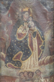 Virgen con Niño, Escuela Boliviana, S. XIX. óleo sobre tela, deterioros. Mide: 78 x 50 cm.