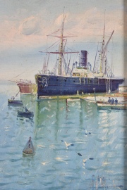 Justo Lynch (Nieto). Barcos en el puerto, óleo. Mide 32 x 17 cm