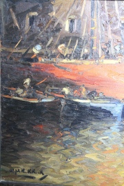 Stephen Koek Koek, Barcos y Personajes, óleo. Mide: 70 x 100 cm.