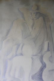 Desnudo femenino con guitarra, dibujo al lápiz de Jorge Larco. 45 x 33 cm.