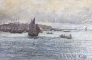 Emile Vernier, Barcas junto a la costa, óleo de 42 x 70 cm.