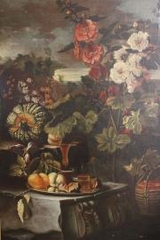 Flores y Frutos, gran óleo sobre tela. Anónimo Italiano. Mide: 99 x 138 cm.