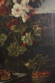 Flores y Frutos, gran óleo sobre tela. Anónimo Italiano. Mide: 99 x 138 cm.