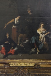 Personajes bebiendo y fumando, óleo sobre madera, atribuido a Karel Dujardin. Desperfectos. Mide: 46 x 63 cm