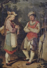 Dos cuadros al óleo, Personajes. F. Kobel. Miden: 22,3 x 16,8 cm.