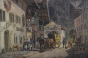 Ludwig. Müller Cornelius: Calle de pueblo alpino, óleo. Mide: 13,2 x 17,8 cm.