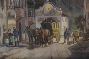 Ludwig. Müller Cornelius: Calle de pueblo alpino, óleo. Mide: 13,2 x 17,8 cm.