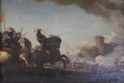 Jacques Courtois, Llamado Le Bourgignon. Escena de Batalla, óleo, averías. Mide: 35.5 x 49 cm.