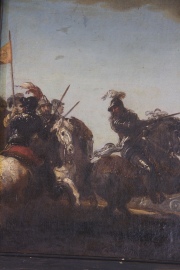 Jacques Courtois, Llamado Le Bourgignon. Escena de Batalla, óleo, averías. Mide: 35.5 x 49 cm.