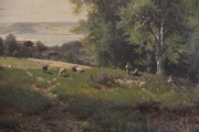 Paisaje con personajes y animales, óleo de Ludwig Sckell. Mide: 41 x 74 cm.